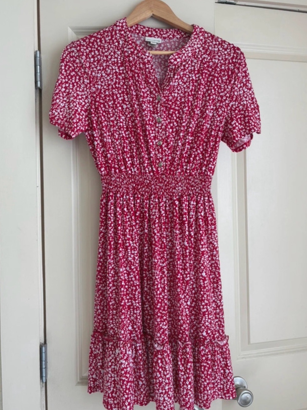 Red Floral Button-Front Smocked Waist Dress